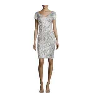 THEIA Brocade Design Metallic Silver Gray Floral Cocktail Dress Size 8 NWOT